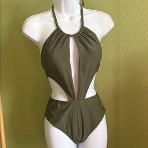 Express Olive Green Cutout Halter One-Piece Swimsuit